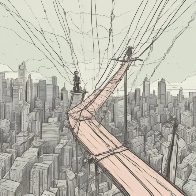 An image of a firm navigating a tightrope, with one foot representing short-term profits while the other balances on public perception and diverse goals
