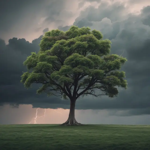 A sturdy tree sheltering against gusty winds, representing the financial protection provided by third-party insurance.