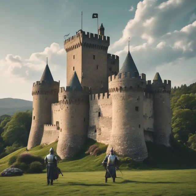 Two knights standing guard outside a fortified castle with shields, representing public and product liability insurance protecting against third-party claims
