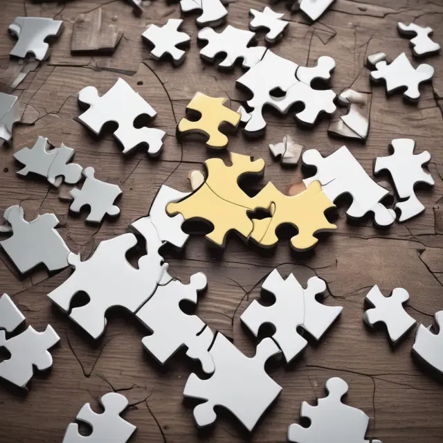 Insurance claim as a jigsaw puzzle, with pieces representing reporting, investigation, and negotiations falling into place for fair compensation.
