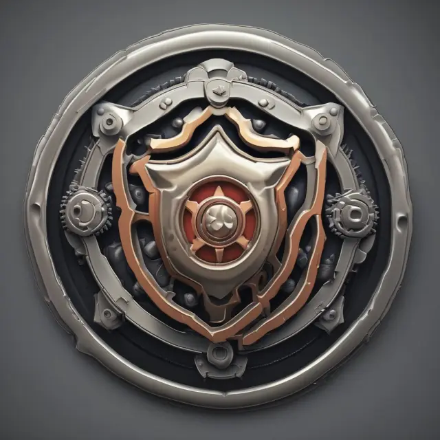 A shield bearing interlocking gears to represent third-party insurance, protecting against external risks and damages