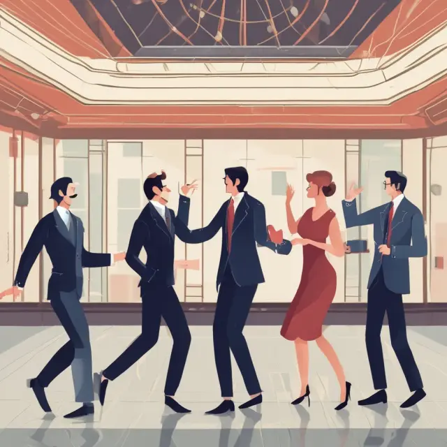 An elegant ballroom scene with a buyer, seller, and intermediary engaging in a dance, symbolizing the delicate balance of third-party transactions
