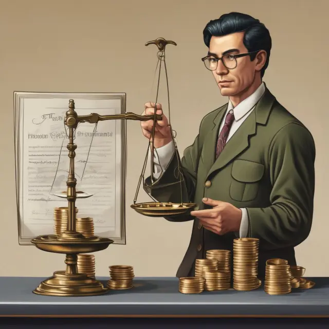 Escrow officer balancing property documents and funds on a scale, ensuring a secure and fair real estate transaction