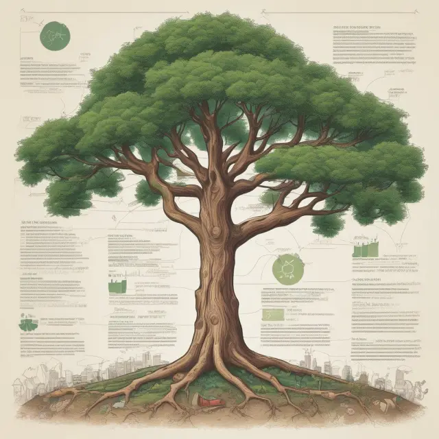 A tree sprouting from a field of economic metrics, symbolizing the growth and development of nations
