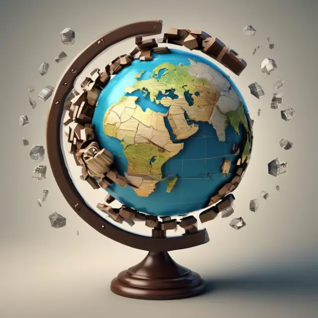 An old globe shatters, revealing a new one emerging with modern labels for developed, emerging, and frontier markets.