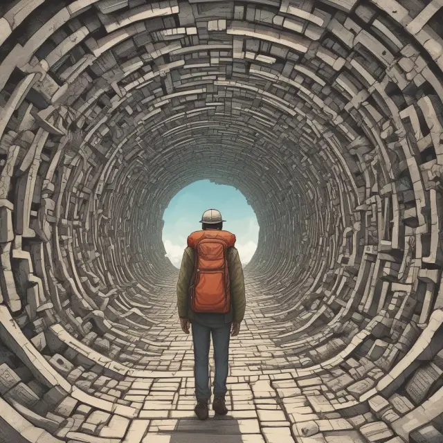 A person navigates through a maze representing various challenges in developing countries: political instability, corruption, climate change impacts, and limited access to education and healthcare.