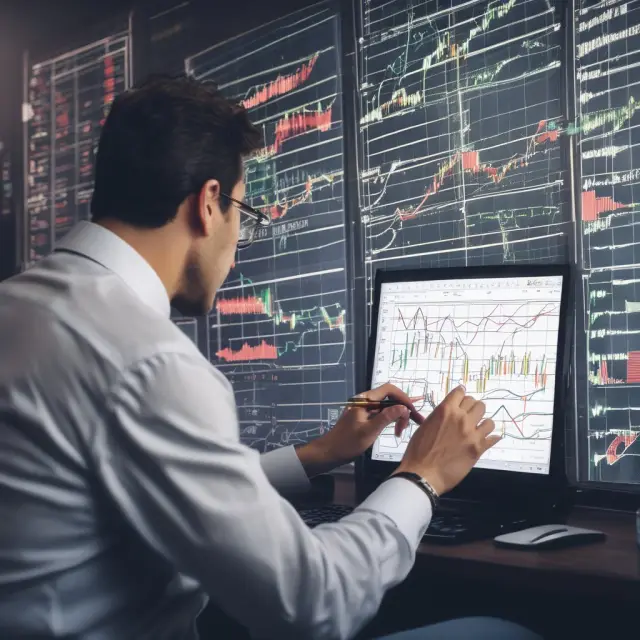 Investor scrutinizing stock performance data on a control chart with three-sigma limits to manage portfolio risk and volatility