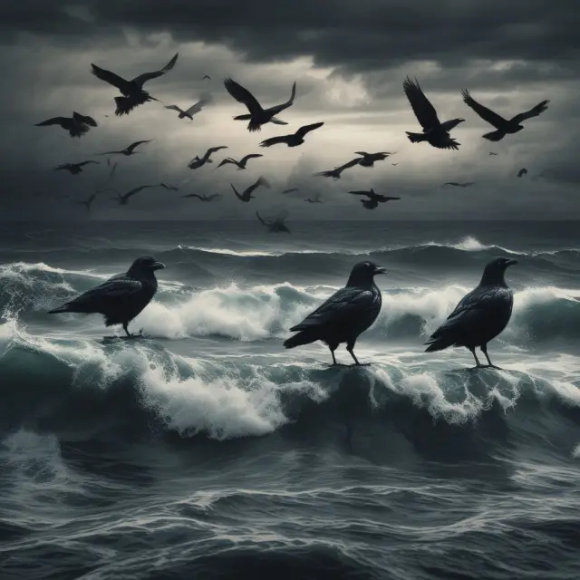 A trio of black birds hovering above choppy waves, symbolizing the uncertainties and caveats surrounding the three black crows pattern in stock market analysis