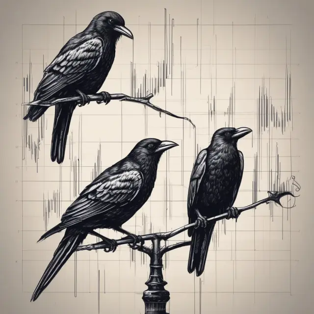 Three black crows on a candlestick chart: Bearish pattern indicating potential downtrend with increased volume