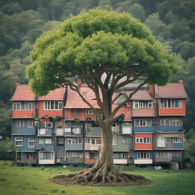 A tree symbolizing thrifts, with deep roots in housing finance and branches providing support to local communities
