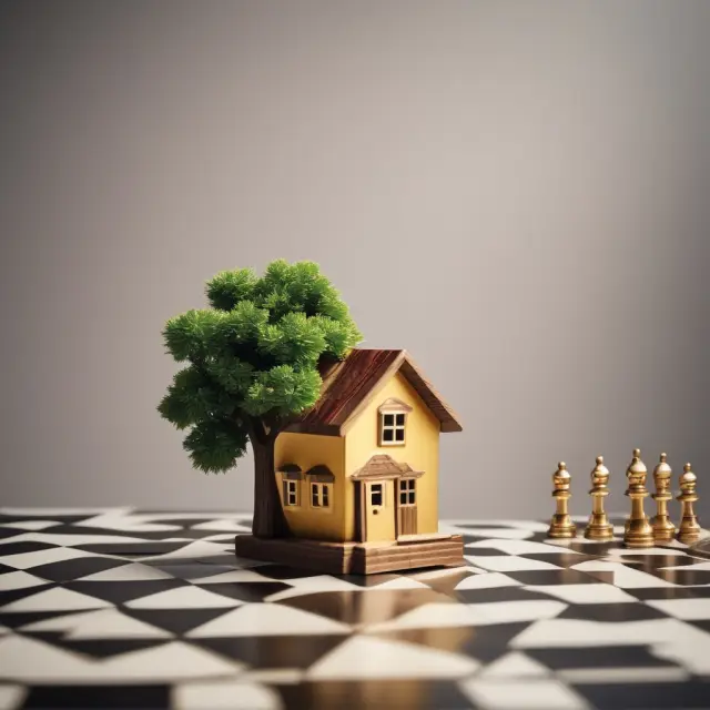 A chessboard with a golden house representing Thrift and a tree-like structure symbolizing Credit Union, emphasizing their unique roles in housing finance.