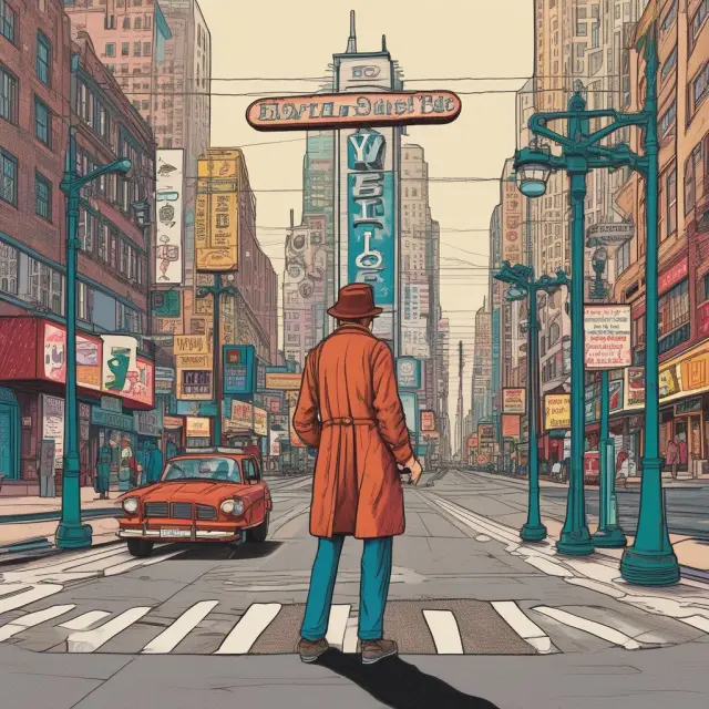 Time traveler at a crossroads pondering thrift