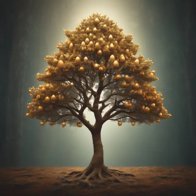 Golden acorn expanding into a forest, representing TSP