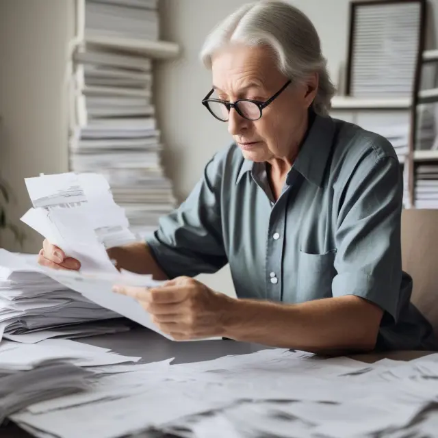 Retiree managing Thrift Savings Plan (TSP) RMDs and IRAs, surrounded by papers representing required minimum distributions and monthly withdrawal statements