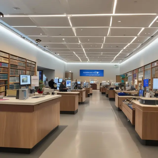 A modern thrift bank amidst a changing financial landscape, with regulatory elements morphing into technological advancements