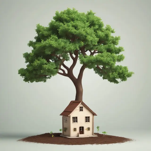 An ancient tree with roots symbolizing savings and branches representing various home loan offerings from a thrift bank
