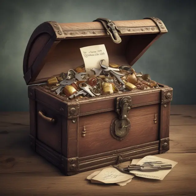 Thrift bank offering home loans with a treasure chest filled with keys for dream homes