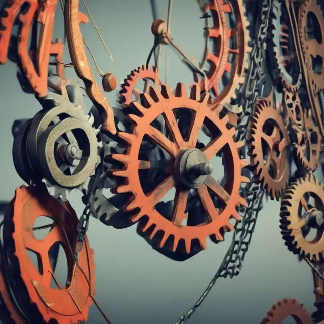 Cogs representing production processes connected by competitive strings, symbolizing worker efficiency in addressing bottlenecks