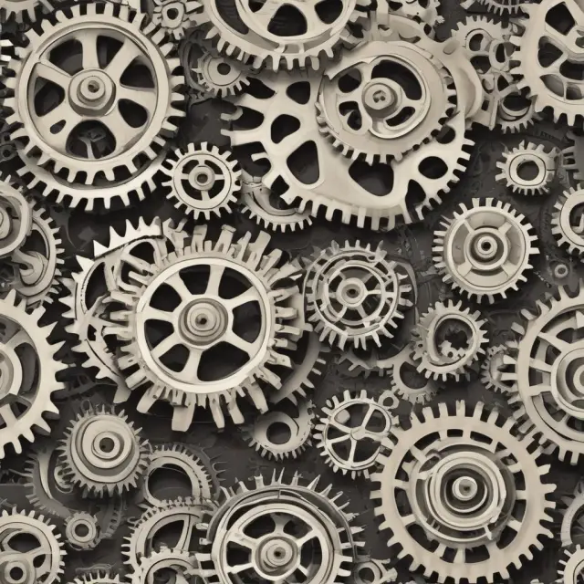 A rhythmically interconnected set of gears symbolizing production processes, calculating throughput.