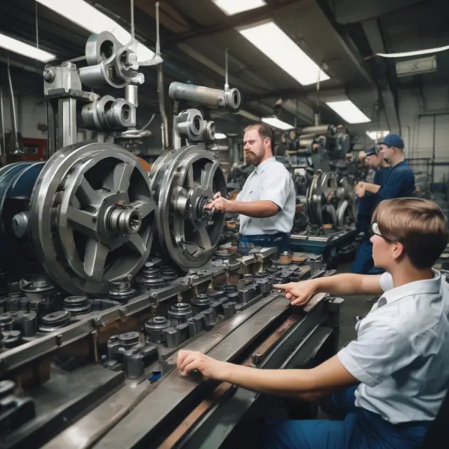 An intricately designed gearworks factory, with employees diligently working to optimize cogs and improve production efficiency