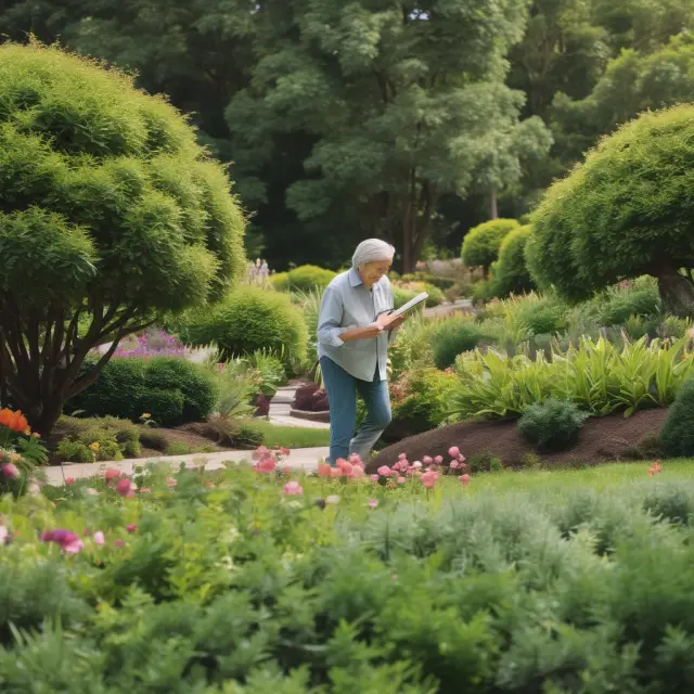 A retiree sits on a bench, examining various retirement plans as flowers (representing TIAA