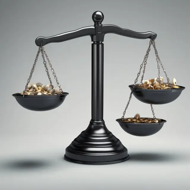 Image of a balance with tick sizes (pips) acting as counterweights in a dynamic forex market scenario