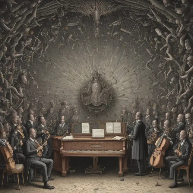 A metaphorical image of technology, depicted as a clockwork orchestra, managing ticks in financial markets with precision