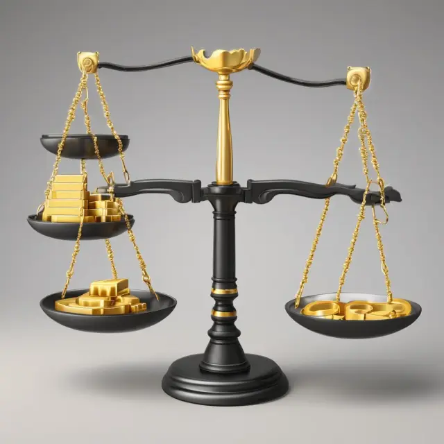 Two balance scales: one with gold bars representing Tier 1 Leverage Ratio against total assets, the other with risk-weighted gems for Tier 1 Capital Ratio versus risk-adjusted assets