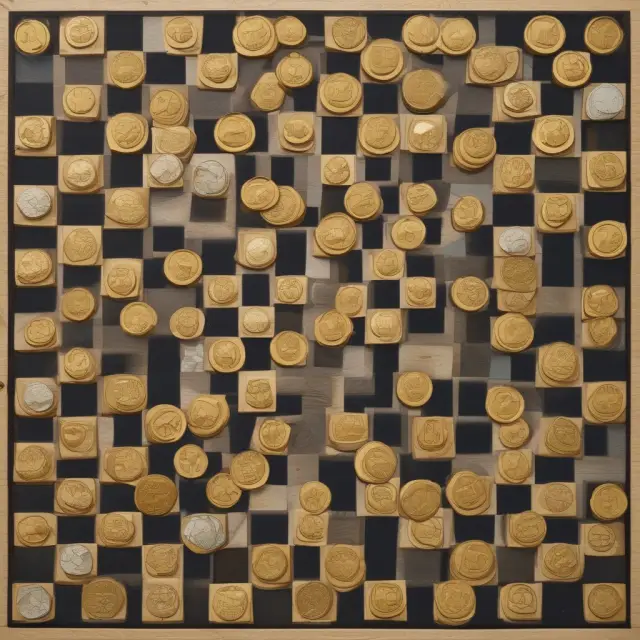 Basel Committee members playing a chess game with gold coins (Tier 1) and jigsaw puzzle pieces (undisclosed Tier 2 reserves)