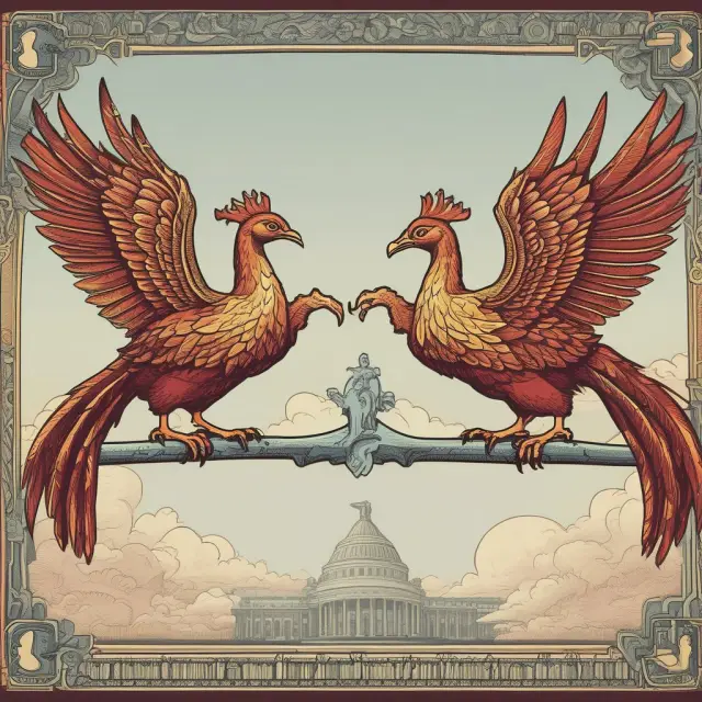 Two mythical phoenixes symbolizing tight and loose monetary policies in balance, with one representing an economy contracting and the other stimulating growth