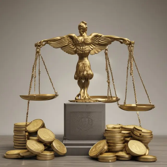 A Federal Reserve officer adjusts a set of golden economic scales using gavels, symbolizing the balance between inflation and growth through tight monetary policy.