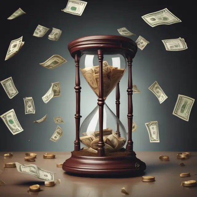Hourglass representing time decay with money flowing out, illustrating the relationship between options and their decreasing value as expiration nears