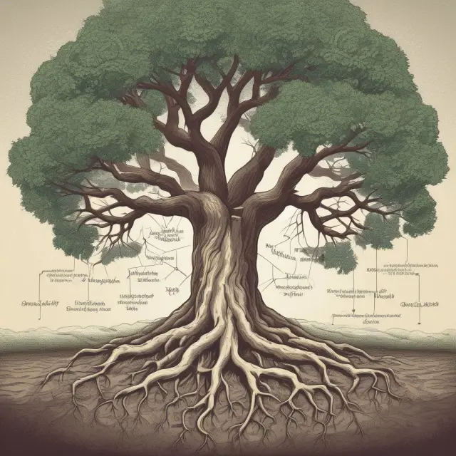 A sturdy tree symbolizing long-term investment growth, with deep roots anchoring it into diverse asset classes