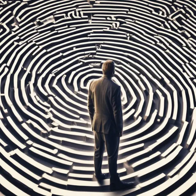 A trader navigates a complex maze filled with time in force order symbols, seeking guidance from an experienced mentor