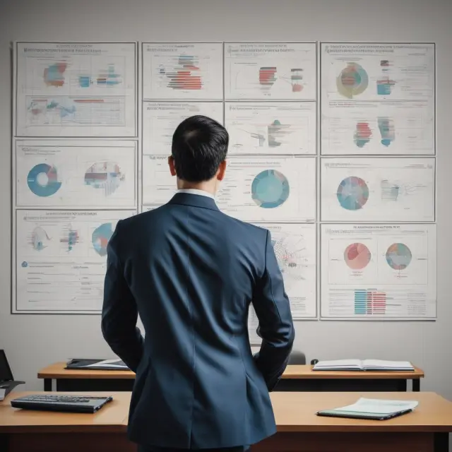 An institutional investor studying various security portraits, with graphs illustrating comparative and regression analysis techniques.