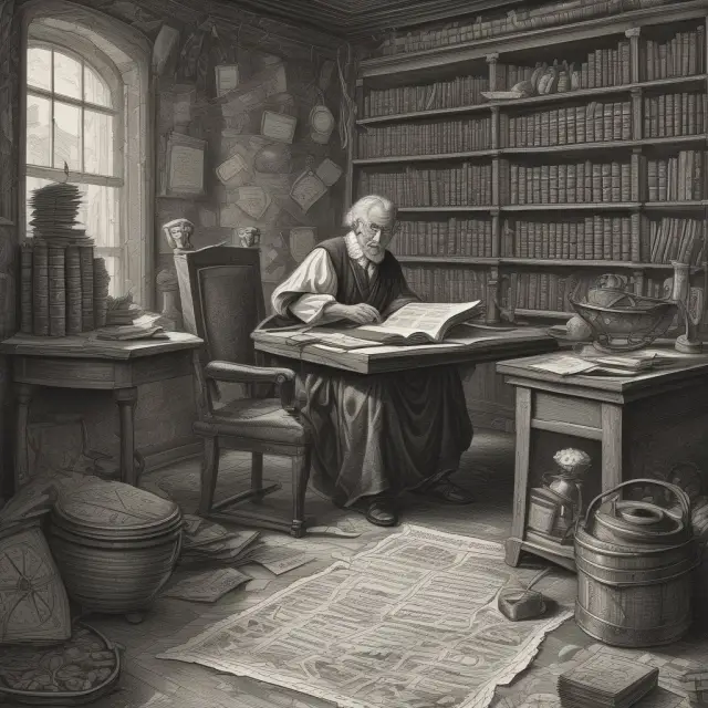 An image of an elderly librarian sitting at a large table with piles of ancient scrolls and parchments, meticulously examining them to uncover hidden knowledge about historical market trends.