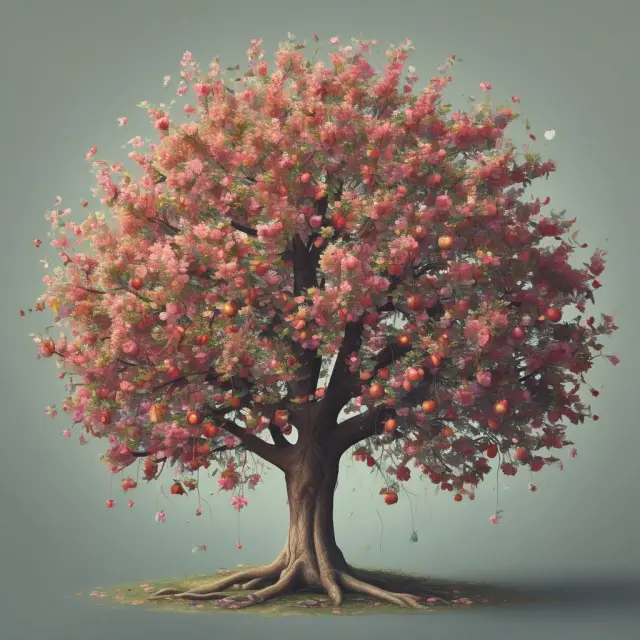 Apple tree with colorful call (blue) and put (red) options branches illustrating intrinsic and time values