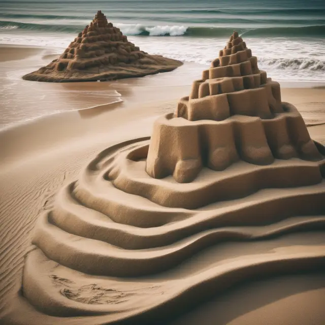 An ocean with implied volatility waves sculpting time value sandcastles, representing the dynamic interaction between option premium, risk, and market conditions.