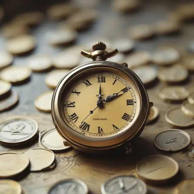 Clock with gold coins on an options trading floor, symbolizing the importance of preserving time value during trades