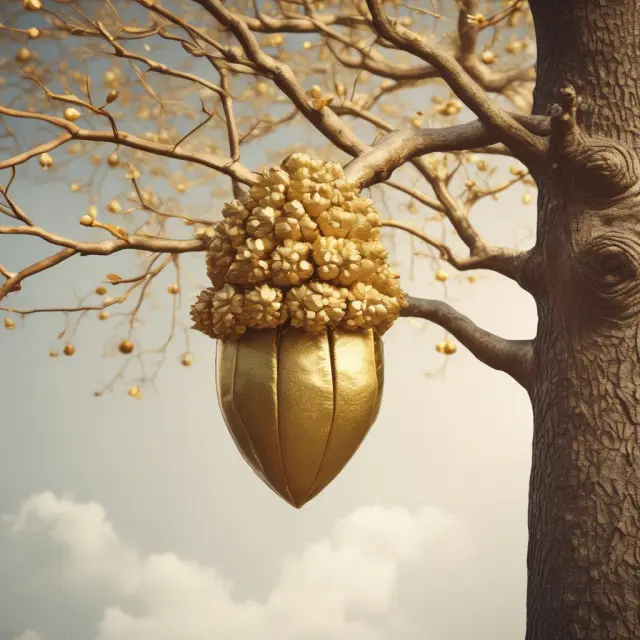 Golden acorn represents present value, growing into a tree symbolizing the Time Value of Money formula. Labeled branches for future value (FV), interest rate (i), and compounding periods (n).