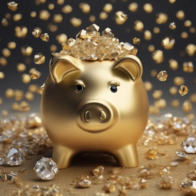 Golden piggy bank with crystals growing, illustrating the concept of Time Value of Money and Compound Interest.