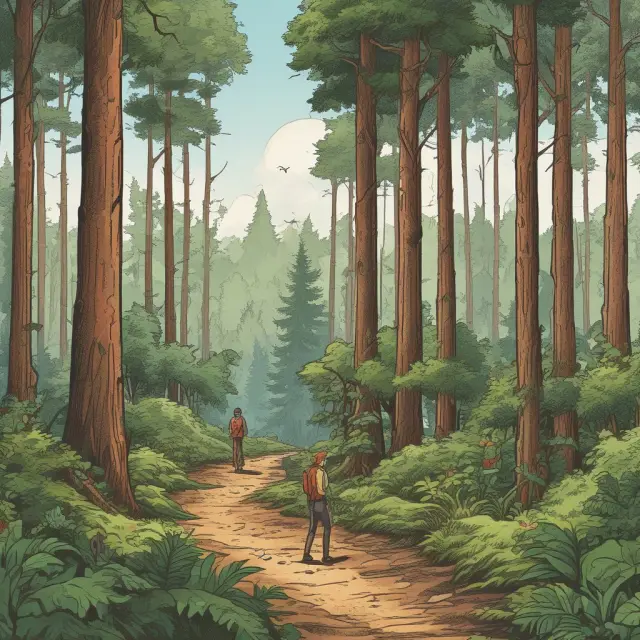 An image of a wise TIMO owl guiding an investor through a forest towards a thriving timberland with abundance and potential growth