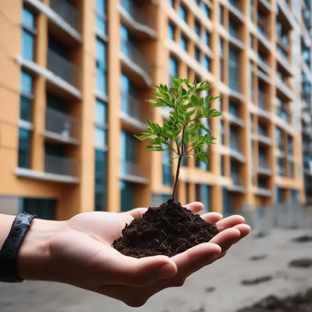 TIMO and REIT depicted as hands cultivating their respective investment classes: TIMO with a timber seedling and REIT with a golden apartment building