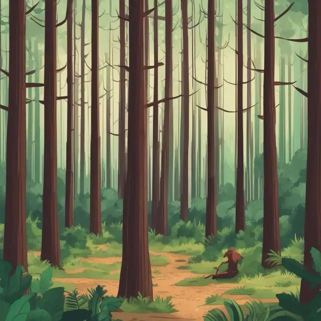 A TIMO standing between a forest and a financial scale, symbolizing the balance between sustainable forestry practices and returns for investors.
