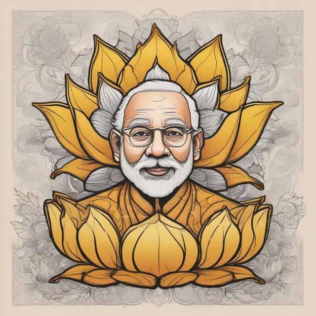 Golden lotus representing Modi, surrounded by NOTA symbols, symbolizing his dominance and opposition resignation in Indian politics.