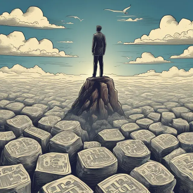 An investor standing triumphantly on a mountain of stocks, as wind representing inflation sweeps below, with the unappealing 