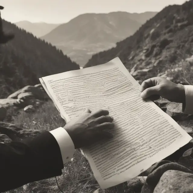 Two hands holding documents, representing title companies and individuals, sifting through a mountain of property records for a title search.