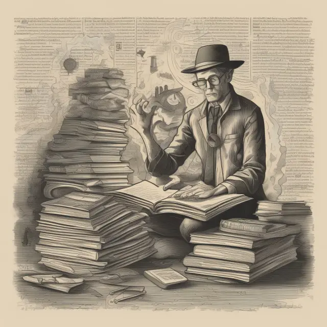 An image of a determined title searcher sifting through piles of documents, symbolizing the extensive research involved in real estate title searches.