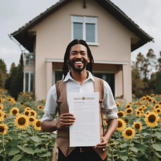 Seller holding a clean title deed amidst thriving sunflowers, representing financial security and smoother sales process