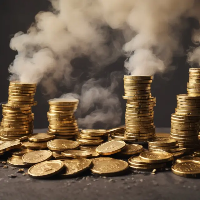 Smokestacks emitting gold coins instead of smoke to represent tobacco taxes and their revenue generation